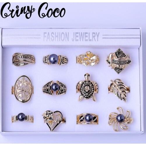 Cring Coco 14k Gold Plated Ring Fashion Hawaiian Black Pearl Flower Engagement Rings Sets for Women Jewelry Set Christmas Gifts