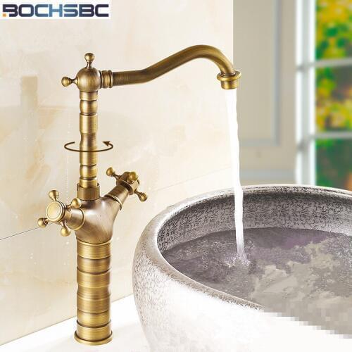 BOCHSBC European Antique Brass Faucets Bathroom Sink Basin Faucet Mixer Water Tap 360 Degree Rotatable Torneira Antique Brass