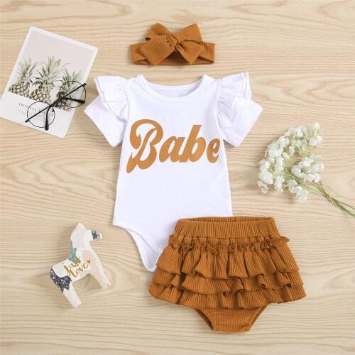 0-12M Baby Girls 3Pcs Clothes Set Infant Babe Letter Print Short Sleeve O-Neck Romper+Solid Color Shorts+Bow-Knot Headband