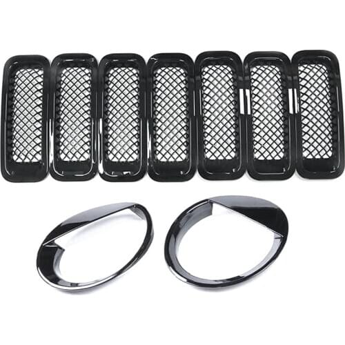 9Pcs Front Grille Grill Mesh Grille Insert Kit + Style Headlight Lamp Cover Trim for Jeep Patriot 2011-2016