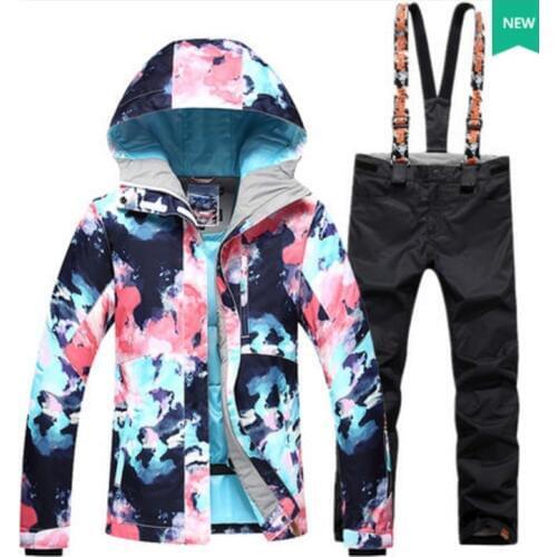 Women Waterproof Skiing Suit Black Female Pink Climbing Hiking Cycling Clothes Snow Jacket And Pink Bib Pants With Suspender