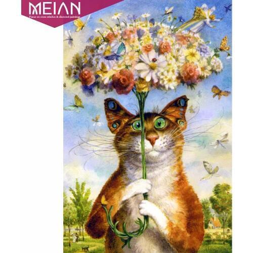 Meian 5D Diy Diamond Painting Diamond Mosaic "Cat Flowers" Pictures Rhinestones Cross Stitch Home Decor Diamond Embroidery Gift