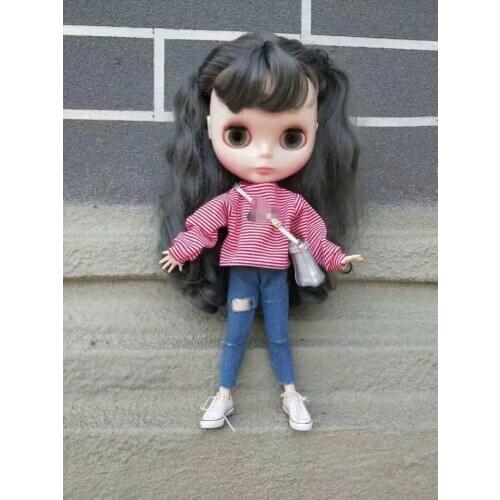 Fashion Blythes doll dress 1/6 size in pink and white striped blazer + blue Korean ripped slim-fit jeans yellow white red etc
