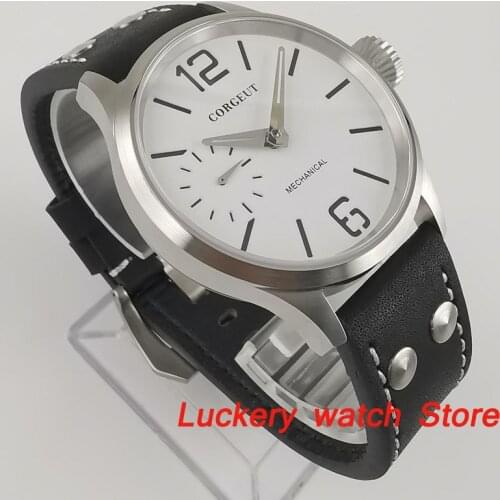 Corgeut 44mm Men Watch 316L stainless steel case Sapphire crystal leather strap 6497 Manual Movement Mechanical Wrist Watches