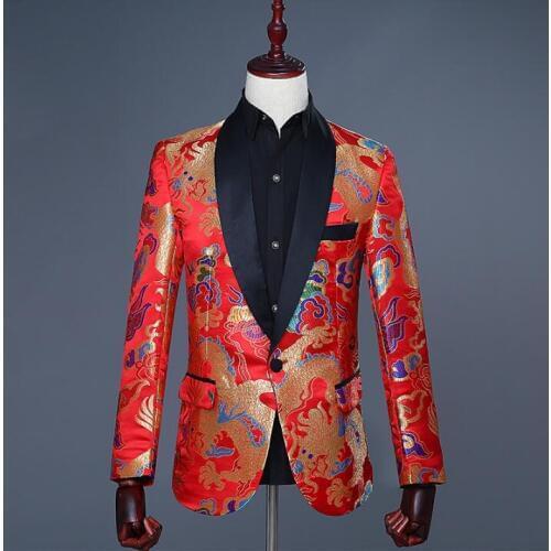 Embroidery dragon men suits designs stage chinese style fashion singers men blazer dance clothes jacket star style dress red