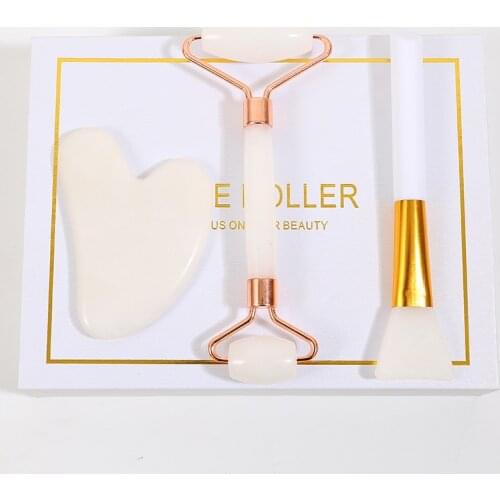 Natural White Jade Roller Massager White Jade Roller Face-lift Massage Skin Care Roller Jade Shaving Mask Brush Three-piece Set