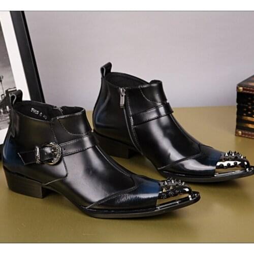Christia Bella New Metal Pointed Toe Men Motorcycle Ankle Boots Genuine Leather Male Zip Boots Business Men Buckle Short Shoots