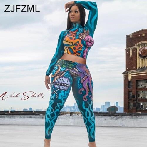 Pattern Print Sporty Crop Top+skinny Legging Co-ord Sets Workout Activewear Full Sleeve Fitness Two Piece Sweatsuit Club Outfit