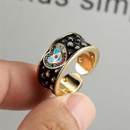 Vintage Black Glue Male Female Opening Ring Fashion Rainbow Zircon Love Heart Ring Dainty Gold Color Wedding Rings For Women Men