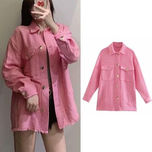 ZA 2021 Autumn New Womens Shirt Style Pink Thick Coat Fashionable Loose Temperament Versatile Long-sleeved Texture Top PL796