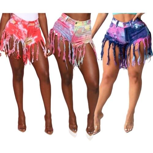 Rainbow Tie Dye Denim Shorts Summer Women High Waist Tassel Club Party Denim Shorts Outfit Streetwear Jeans Trousers