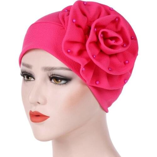 Side Stitching Women Turan Large Flower Nails Pearl Headwear Muslim Headscarf Cap