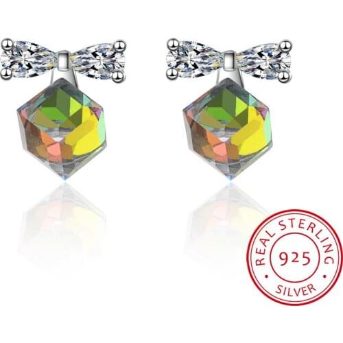 LEKANI Genuine 925 Silver Cube Crystals Stud Earrings Zirconia Stone Fashion Bowknot Jewelry For Women Girls Gift