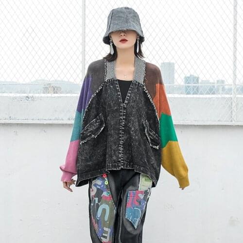 2021 spring newKnitted stitching distressed denim cardigan jacket women large size loose western style Y630
