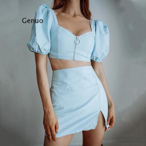 2021 New Summer Women Square Collar zipper Puff sleeve short Top + high waist slim split Skirt two piece set