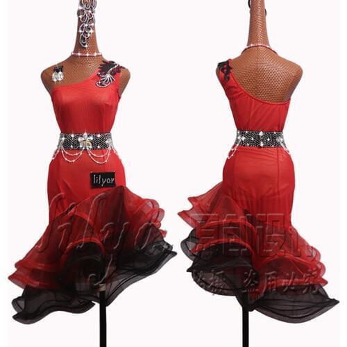 Latin Dance Dress Women Costume Red Gauze Crimping Dance Skirt Tango Dress Cowboy Flamengo Competition Red Latin Dress BL1996