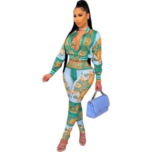 Two Piece Matching Set Womens Wear Office Lady Style Long Sleeve Top + Pants Sexy Fashion Digital Print Zipper Pencil Tracksuit