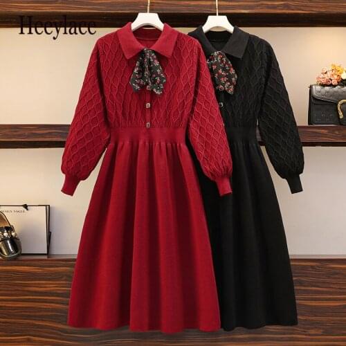 Plus Size Women Winter Warm Knitted Dress Women Long Sleeve Bow Collar Elegant Vintage Korean High Waist A-line Pleated Dresse