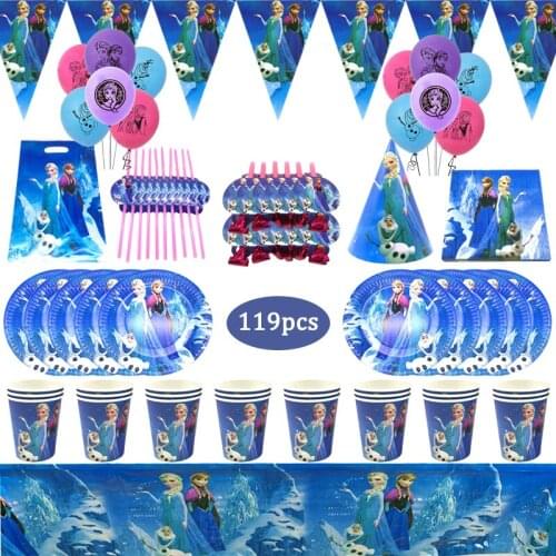 119pcs Disney Frozen Girls Favors Birthday Party Decorations Disposable Tableware Set Peper Cup Plate Baby Shower Gift Supplies