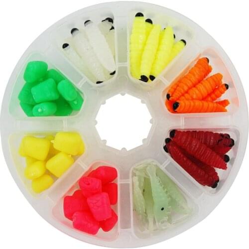 80pcs Fishing Artificial Soft Lures Set In Clear Plastic Box Various Soft Baits Flies Carp Fishing Lures Tackles