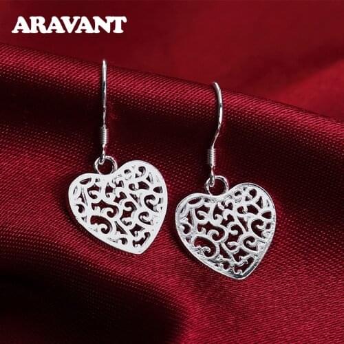 925 Silver Vintage Heart Drop Earrings For Women Wedding Jewelry Gifts