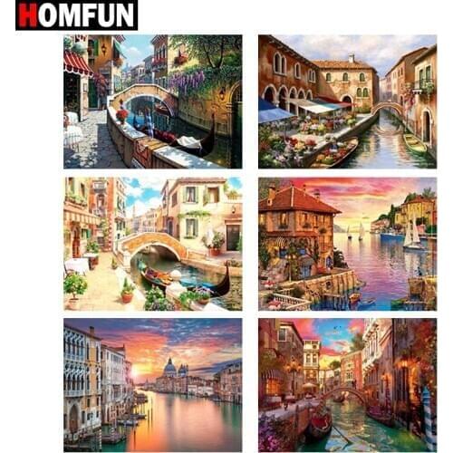HOMFUN 5D Diy Diamond Painting Cross Stitch "Flower lake city sunset" Home Decor Full Rhinestones Inlay Diamond Embroidery