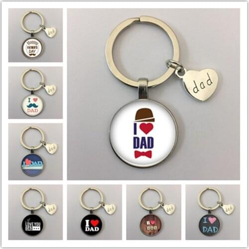I Love Dad Keychain Letter Design Pattern Glass Cabochon Dome Pendant Key Ring Holder Love Dad Jewelry Gift