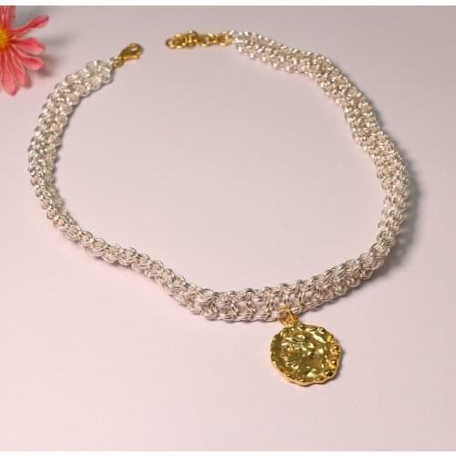 Handmade retro figure double color round card Pendant Silver color Chain Necklace color matching clavicle chain woman