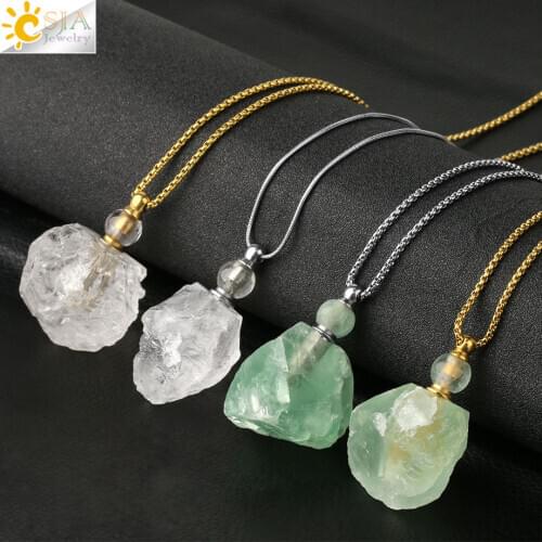 CSJA Crystal Perfume Bottle Necklace Essential Oil Diffuser Pendant Natural Stone Irregular Fluorite Clear Quartz Collier G612