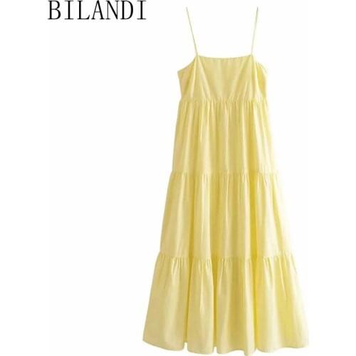 DOUJILI Women Solid Yellow Long Dress Strap Sleeveless Side Zipper Soft Cotton 2021 Fashion Ladies Dresses