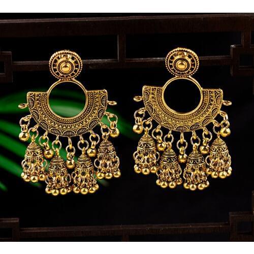 Ethnic Fashion Women Sector Gold Jhumka Earrings Indian Jewelry Ethnic Hippie Tribe Boho Bells Tassel Dangle Earrings Bijoux