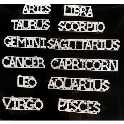 Hot Sell Crystal 12 Zodiac Letters Brooch Pins Unique Gift Aries Leo Vrigo constellation Jewelry