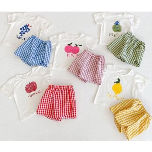 Fruits Cartoon Clothing Sets Baby Girl Boys Japanese Style Clothes T Shirts + Plaid Shorts 2021 Children Newborn Cute Bodysuit