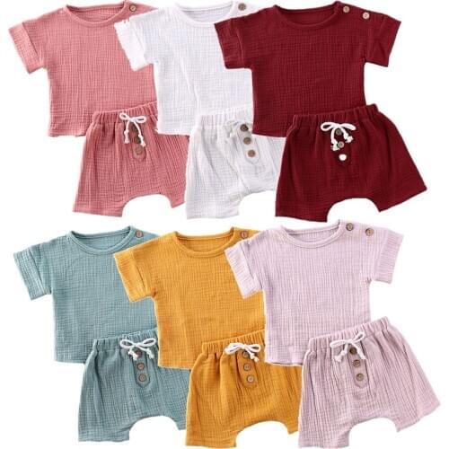 6 Colors Summer Newborn Baby Boy Girls Clothes Sets Button Cotton Linen T-shirts Tops+Shorts Toddler Infant Cotton Outfits 0-24M