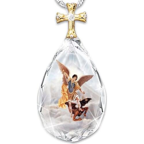 Fashion Crystal Cross Pendant Necklace Drop-Shaped Angel Pattern Ladies Jewelry
