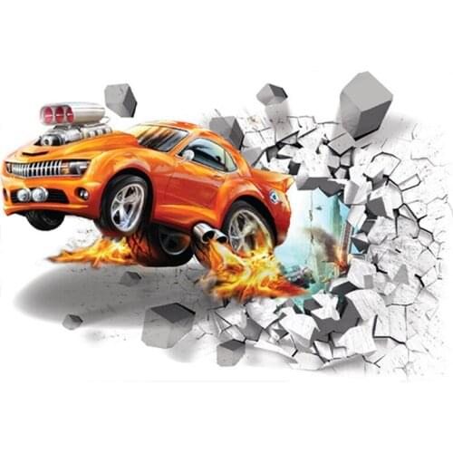 Cartoon racing car broken wall into kids room 3d vinyl mural stickers home club decoration funny sport poster wallpaper 70*50cm