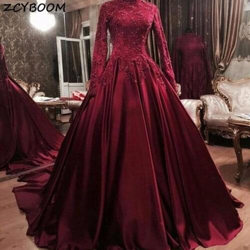 Muslim Evening Dresses Women Formal Party Vestidos De Gala Elegant Luxury Appliques Sequins Lace Wine Red Graduation Prom Gowns