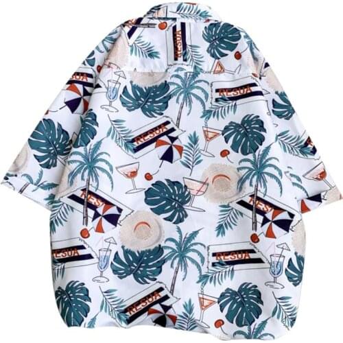 Men Summe Shirt Coconut Tree Turndown Collar Half Sleeve Button up Loose Beach Blouse Shirt
