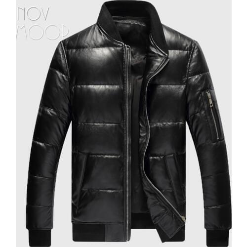 Men winter warm black genuine leather real lambskin duck down bomber jackets coats plus size jaqueta de couro deri ceket LT2448