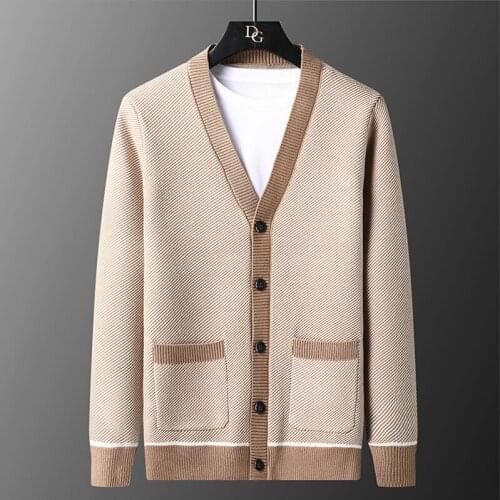 Mens Cardigan Knitted Korean Fashion Stripe Wool Sweater For Male Winter Long Sleeve V-Neck Casual Knitwear Coats Men Jacket