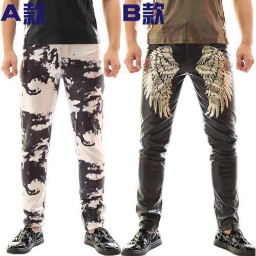 Stage personality wings sequins men pants casual camouflage leather pant men trousers singer dance rock pantalon homme punk