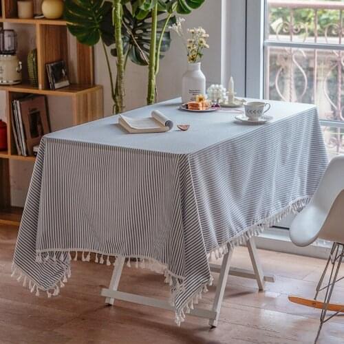 Japan Style Cotton Linen Tablecloth Simple Solid Striped Tassel Hem Dust-proof Rectangular Table Cloth for Hotel Wedding Party