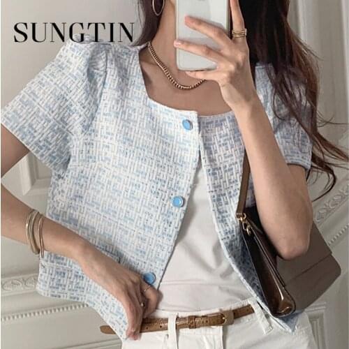 Sungtin Elegant Cropped Outwear Women Korean Chic Sweet Single Breasted Puff Short Sleeve Tops Summer Pink Vintage Coat 2021