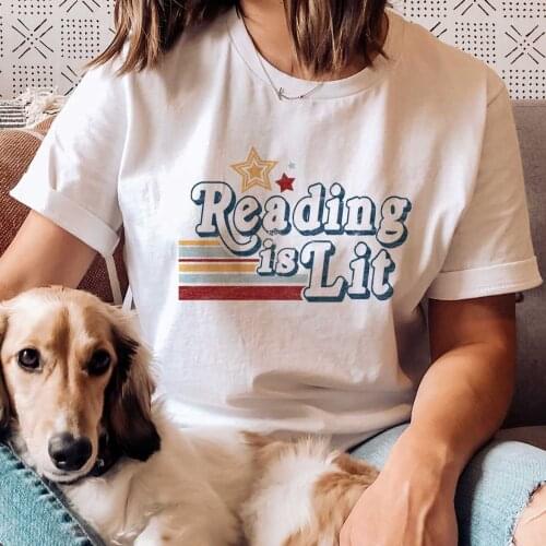 Harajuku Top Women T-shirt Casual Reading is Lit Print Ladies Basic O-collar Short Sleeved Women T-shirt Girl,Drop Ship