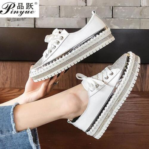 2019 women platform sneakers shoes female Genuine Leather Walking flats Loafers for women White crystal Comfort Vacation shoes