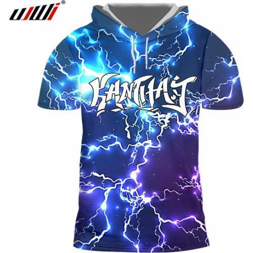 UJWI Man/women 3D Printed Graffiti Dark Lightning Hooded Tshirt Hip Hop Streetwear Cool Mens Spandex Casual Tee Shirt