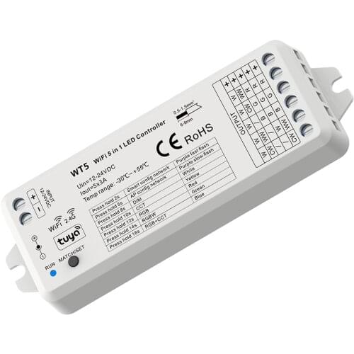 Tuya Smart 5 in 1 Wifi LED Controller For Strip Lights Alexa Google Assistant DIM CCT RGB RGBW RGBCCT 2.4G RF Wireless 12V 24V