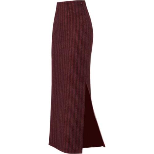 Plus size 5XL!autumn winter striped woolen skirt women high waist package hip split step skirt