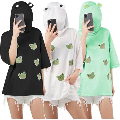 Novelty Girl Frog Hooded T-Shirt Cute Half Sleeve Loose Fit Spring Summer Sweatshirt Tee Women Fashion Top