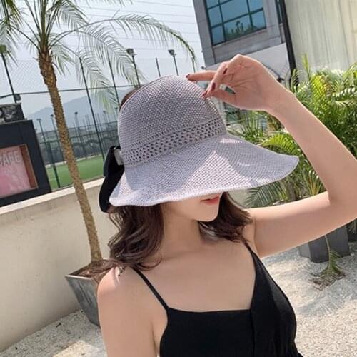 2021 Women Summer Woven Mesh Sun Visor Cap Sweet Bowknot Open Top Roll-Up Packable Wide Brim Travel UV Protection Beach Hat